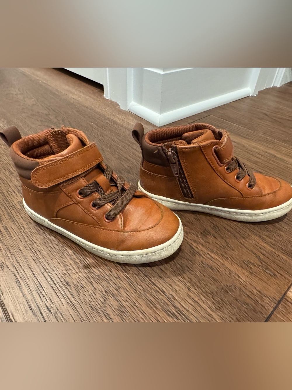 Boys Tan High-Top Sneaker Boots with Side Zip and Hook-and-Loop Strap